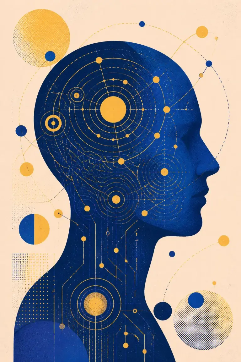 A cobalt profile silhouette mapped with marigold neural pathways, representing MindSeek's spatial intelligence