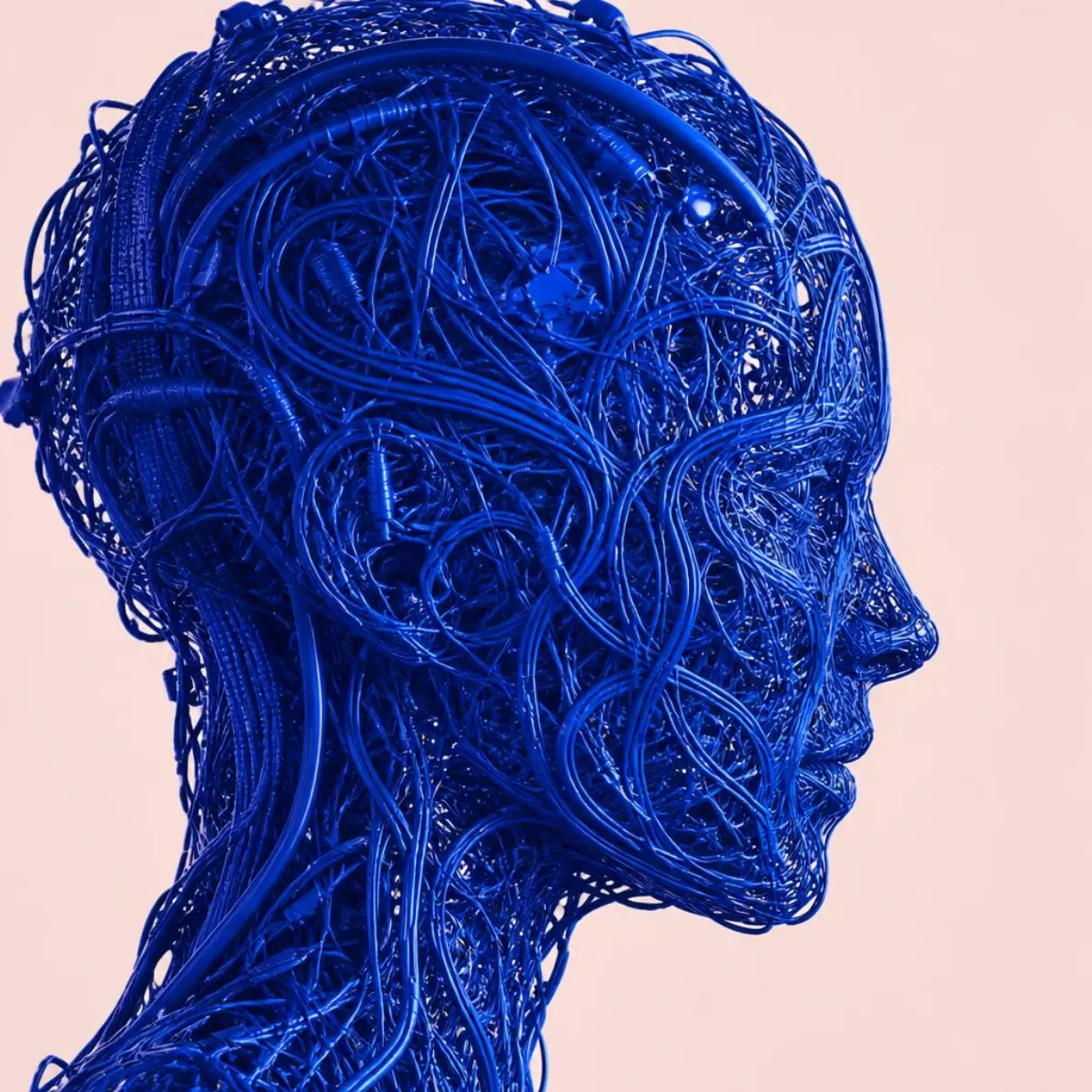 A humanoid profile sculpted from cobalt blue cables